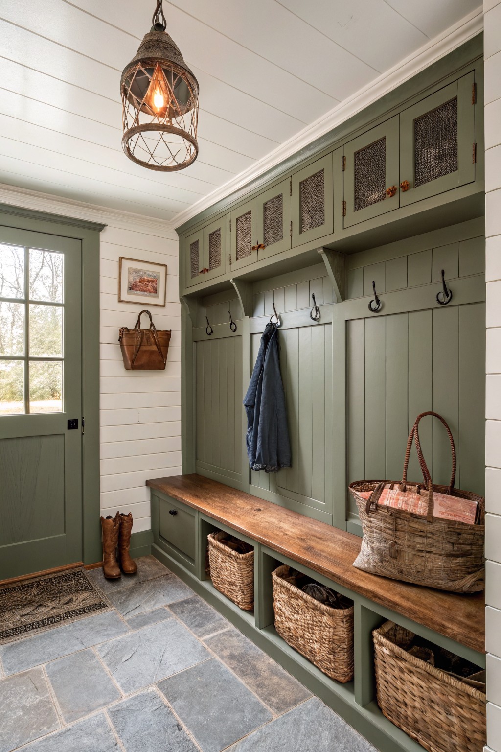 Green mudroom with wooden bench, storage baskets, hanging jacket, and pendant light