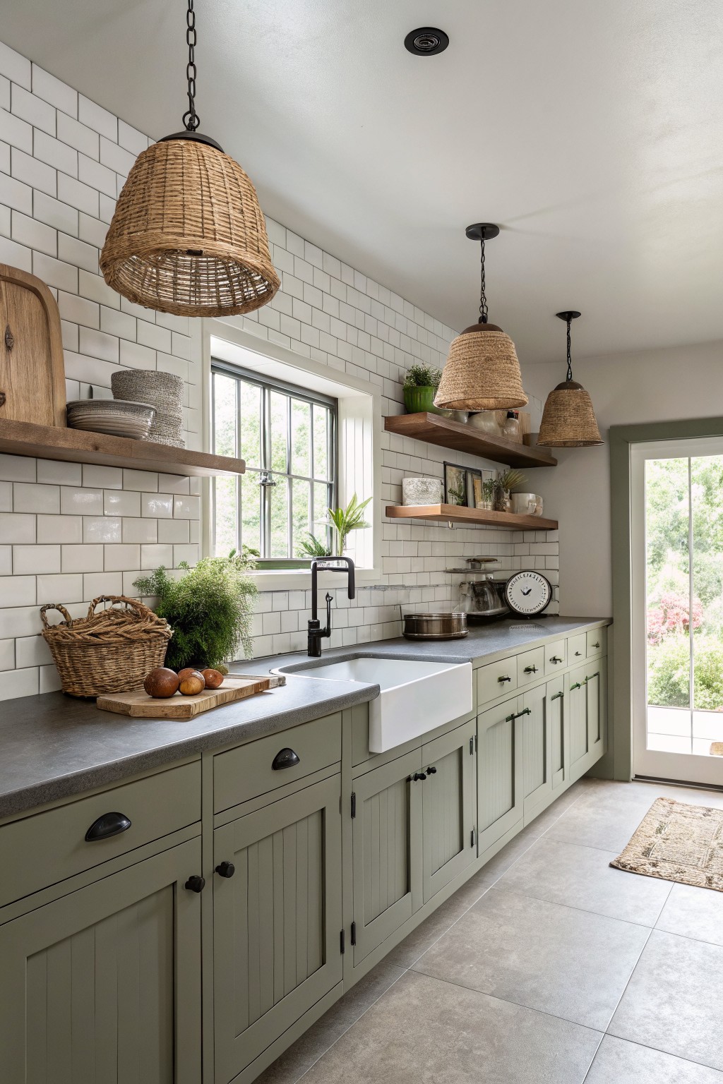 Sage green kitchen cabinets paired with white tile and wood accents.