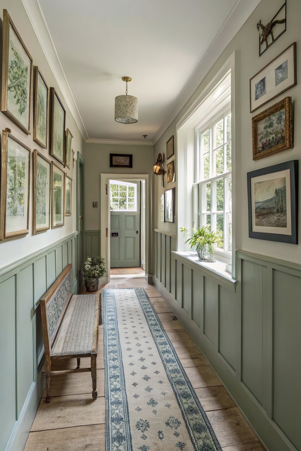 Sage green walls with white trim in a long hallway.