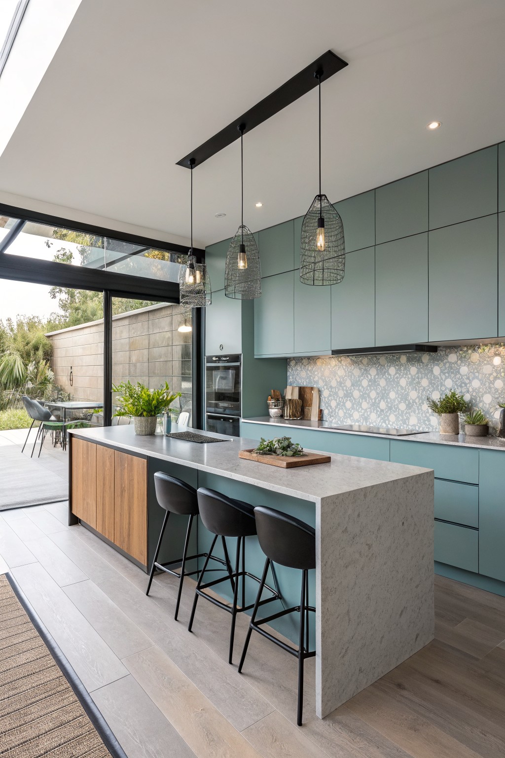 Kitchen with sage green cabinets and a concrete island countertop.