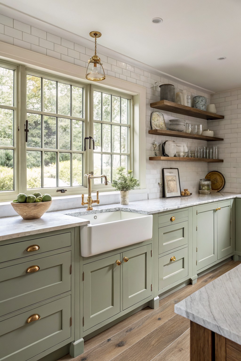 Sage green cabinets line a kitchen with white marble counters and wood flooring.
