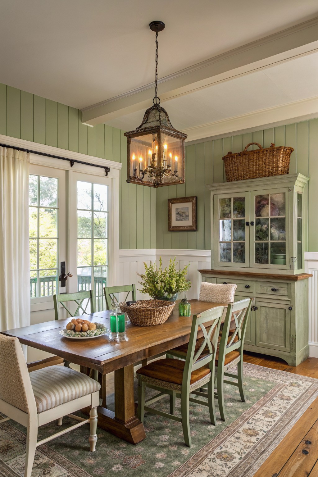 Rustic green dining room with wooden table, hutch, and lit chandelier