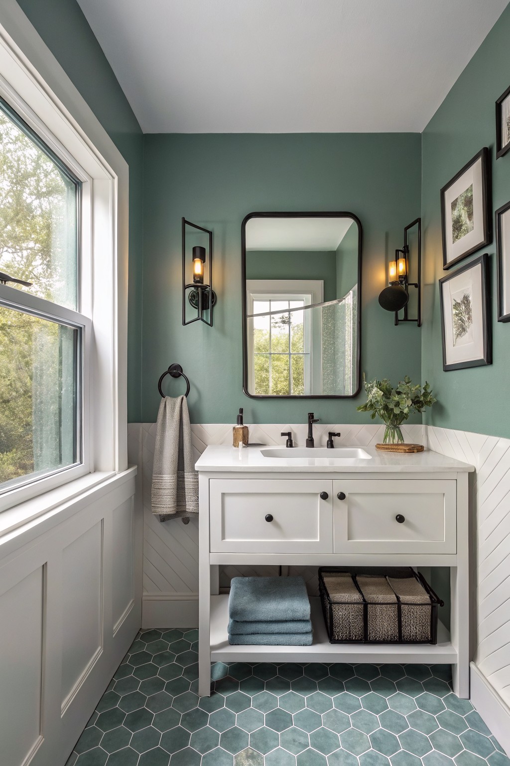 A bathroom with sage green walls, white wainscoting, and a vanity below a mirror.