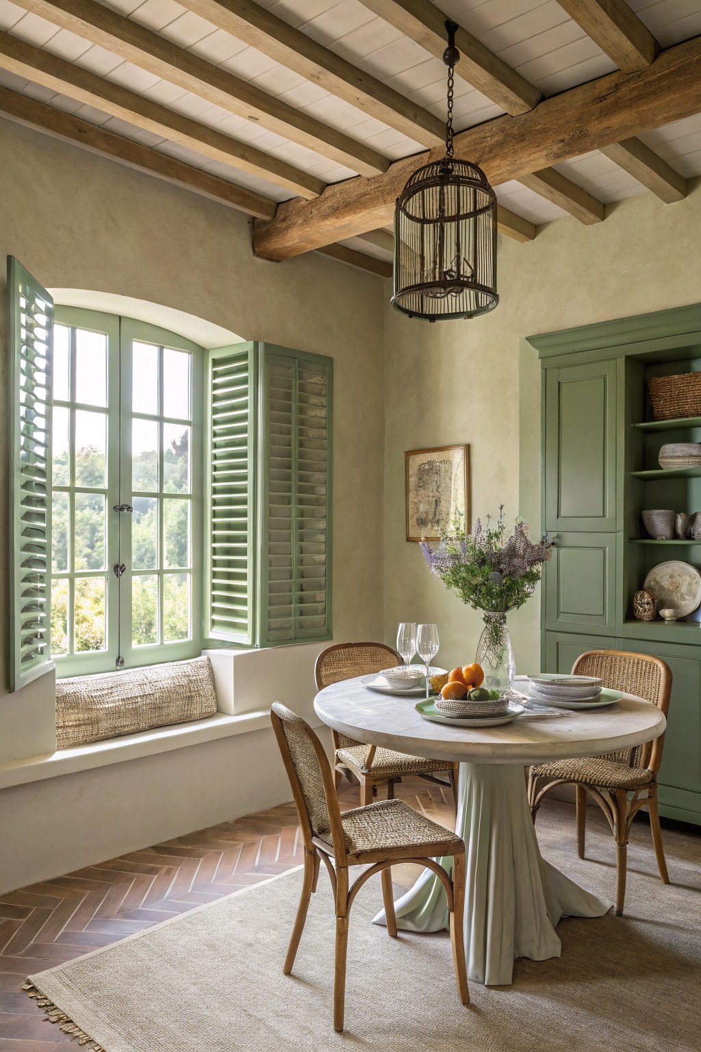 Sage green walls and cabinetry in a dining room with wood beams.