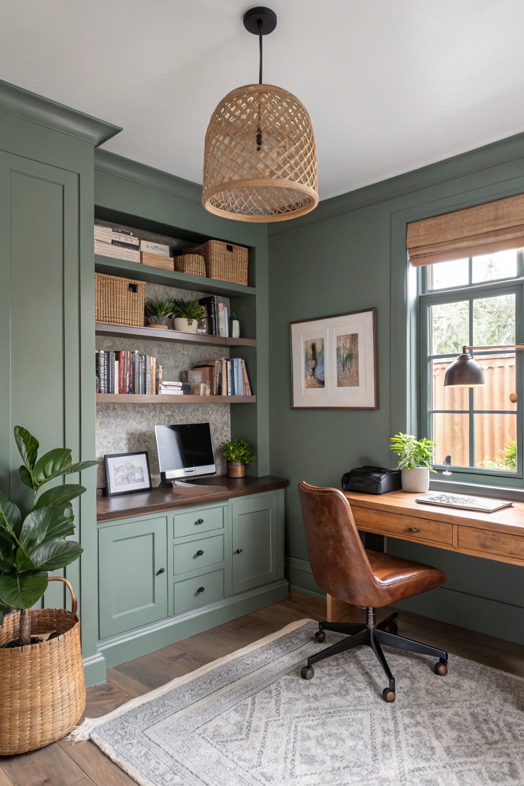 Sage green walls and built-in cabinetry in a home office with wood desk and chair.