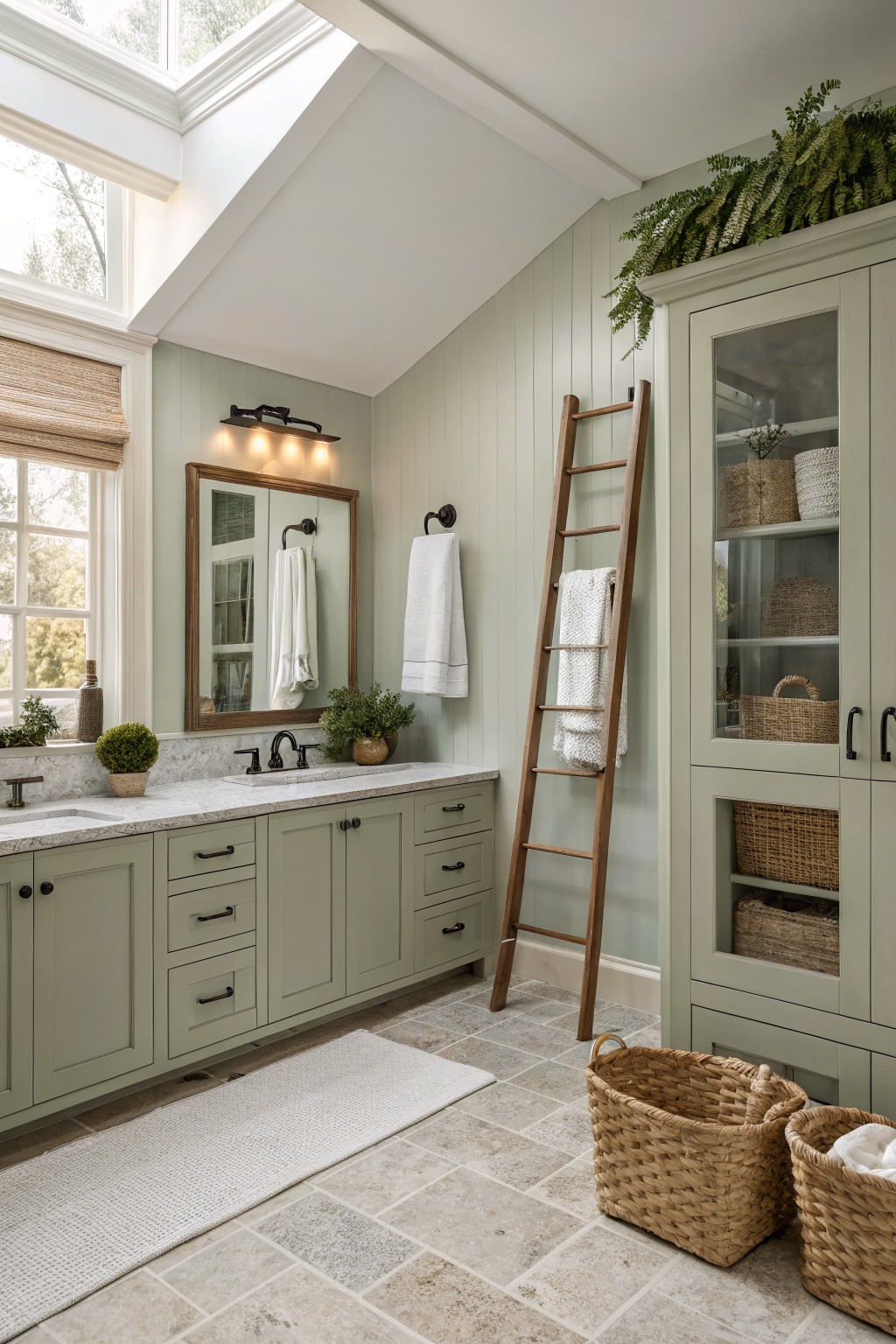 Sage green walls and cabinetry in a bathroom with wood accents.