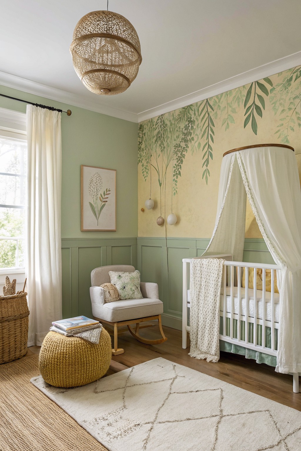 A room with soft sage green walls and white wainscoting.