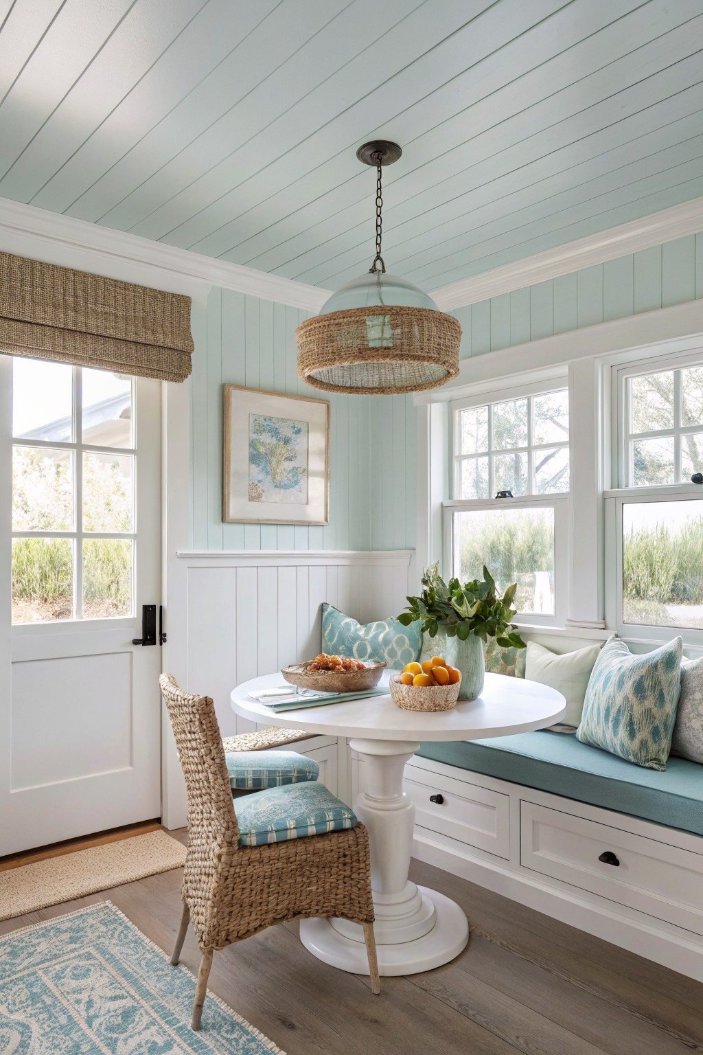 A breakfast nook with light sage green walls above white wainscoting.