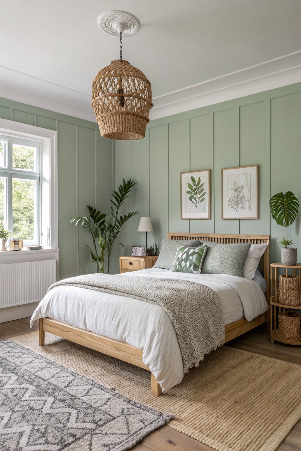 A bedroom with soft sage green walls and light wood furniture.