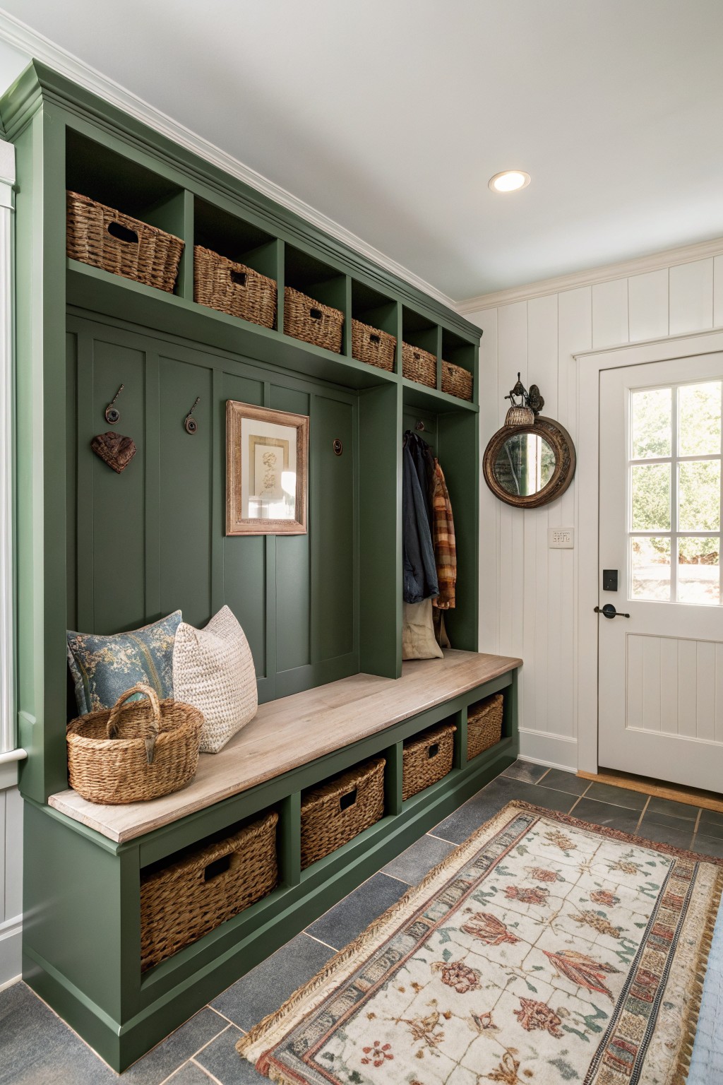 Green mudroom bench with woven baskets, pillows, hooks, mirror, and white door.