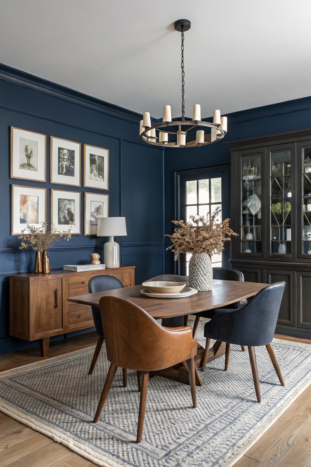 A dining room with deep navy walls and a wooden table.