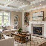 Beige sofa and wooden coffee table in neutral living room with open door