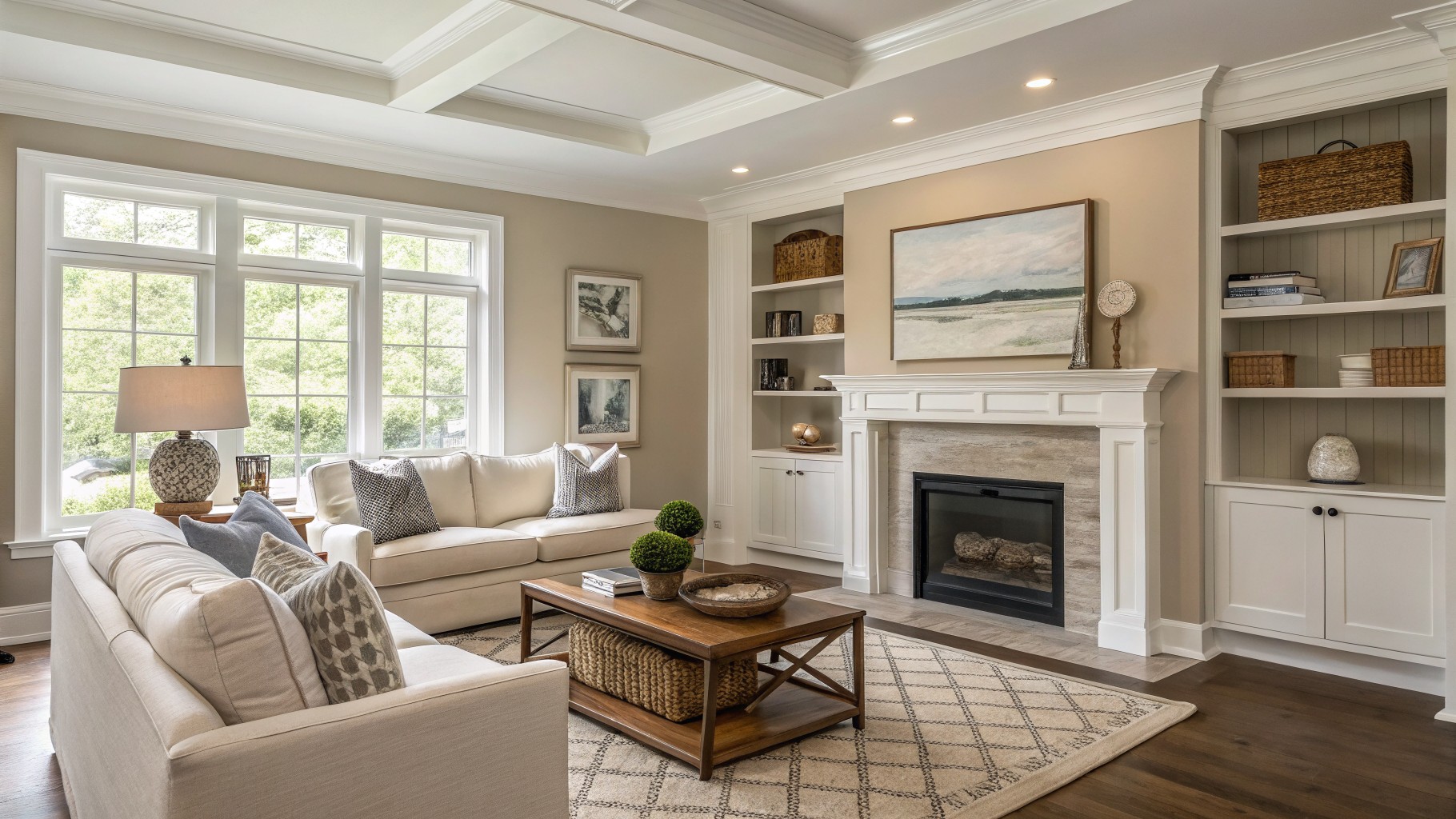 Beige sofa and wooden coffee table in neutral living room with open door