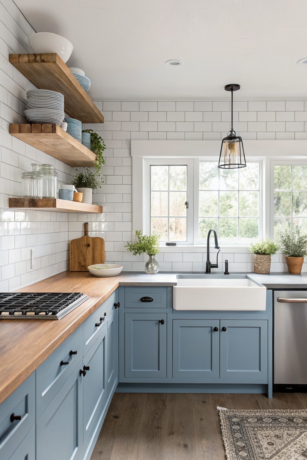 A kitchen with soft blue cabinets, wood counters, and a white farmhouse sink.