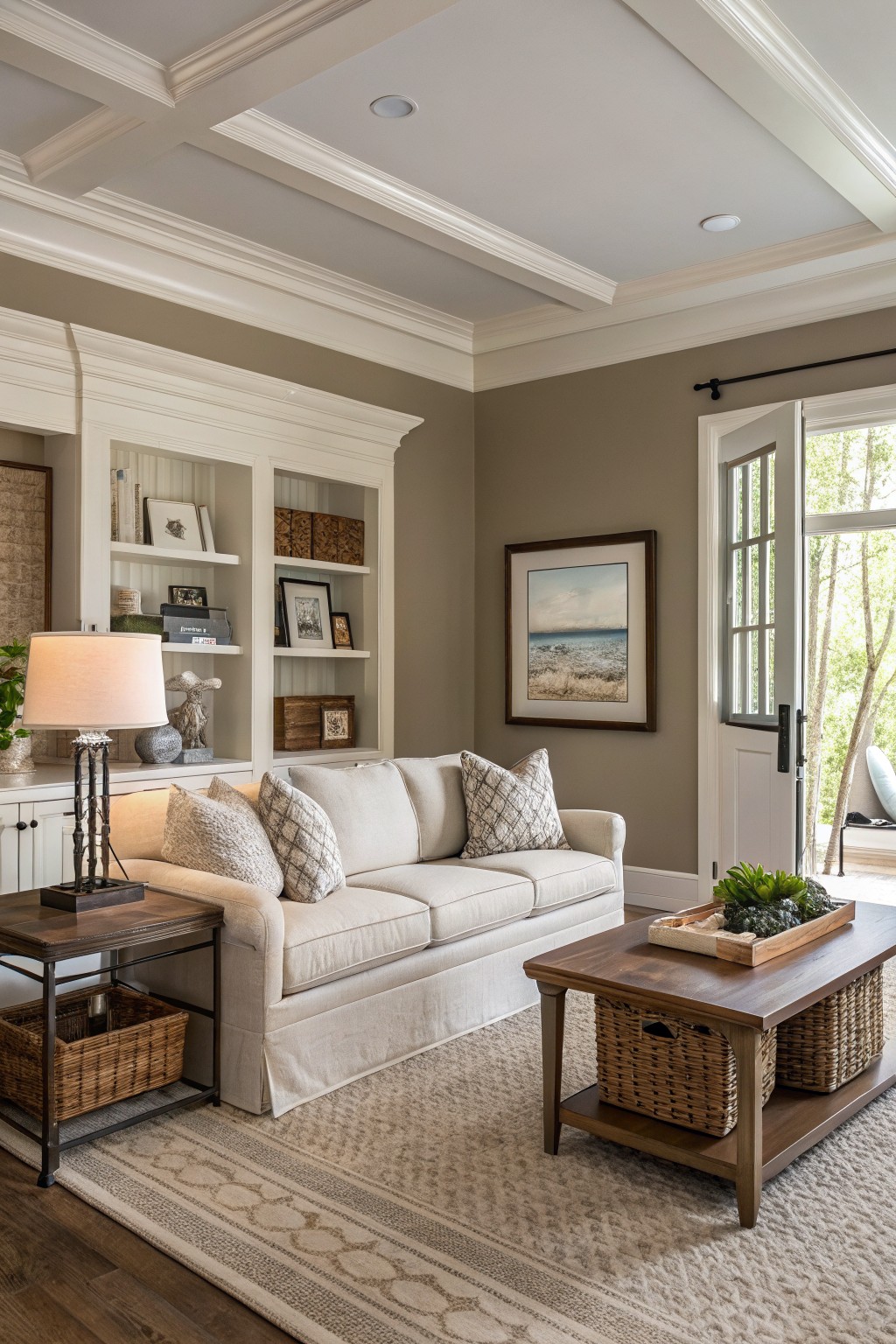 Beige sofa and wooden coffee table in neutral living room with open door