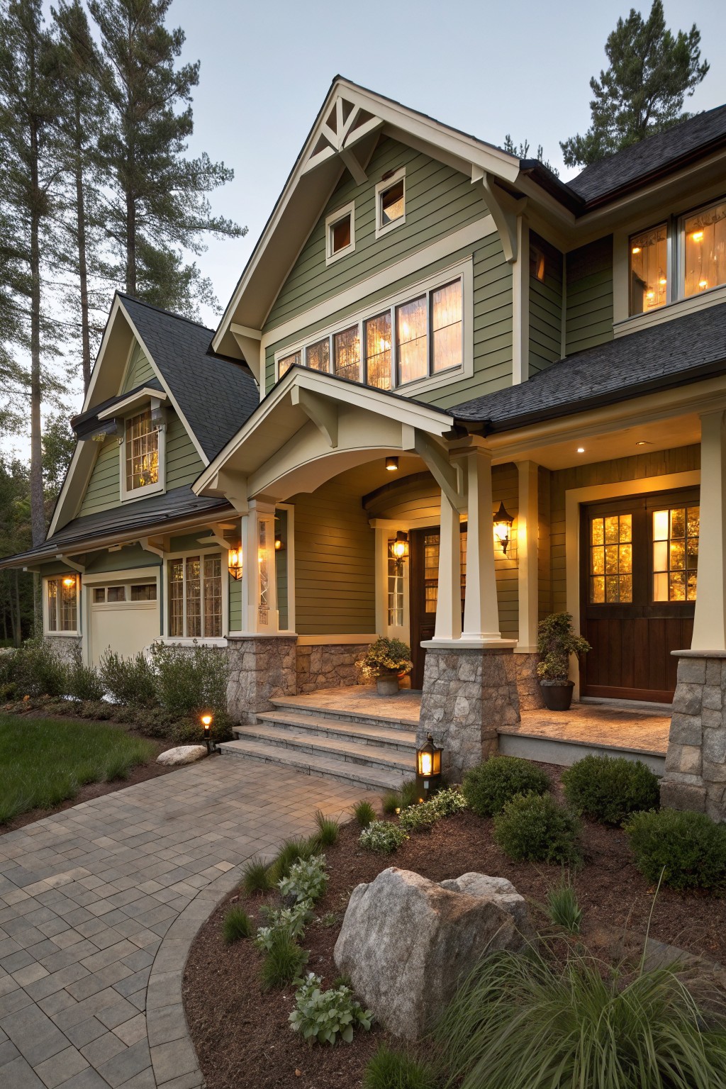 A house exterior painted in soft sage green siding with stone accents.