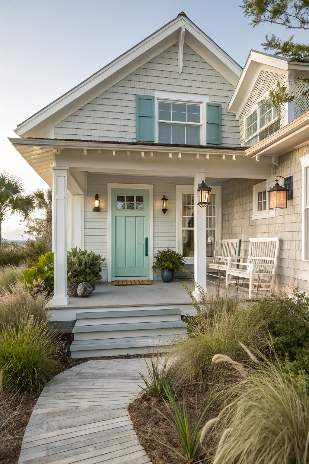 Light gray house with soft teal door and shutters on a front porch.
