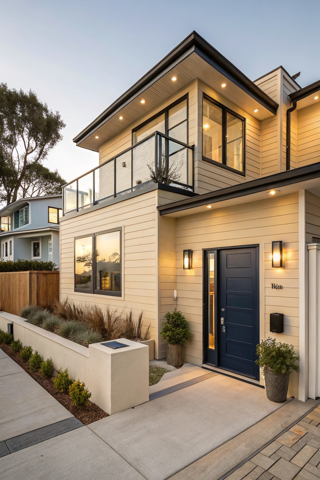 Light warm beige siding on a modern two-story house exterior.