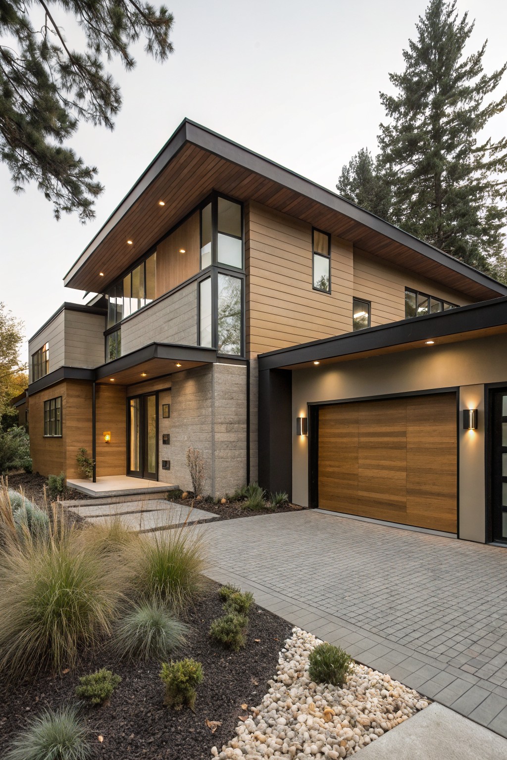 Modern two-story home with wood siding, large windows, garage, and landscaped driveway.
