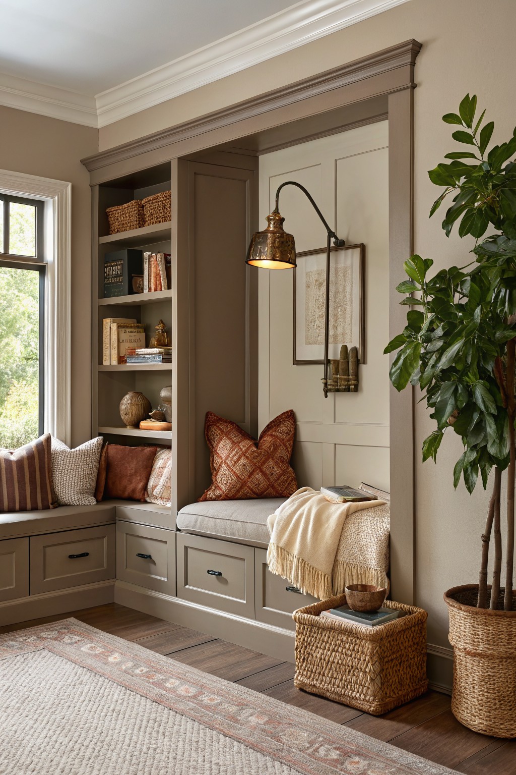 Built-in bench and shelves painted in a warm greige color.