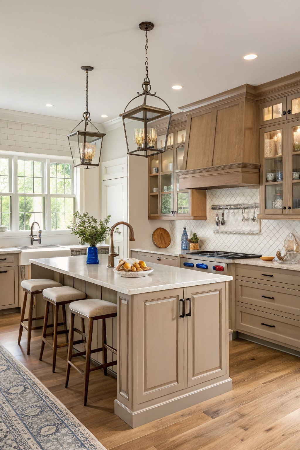 Kitchen cabinets and island painted in a soft warm greige.