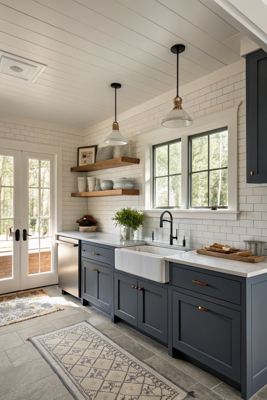 Kitchen with deep blue gray cabinets and white subway tile backsplash.