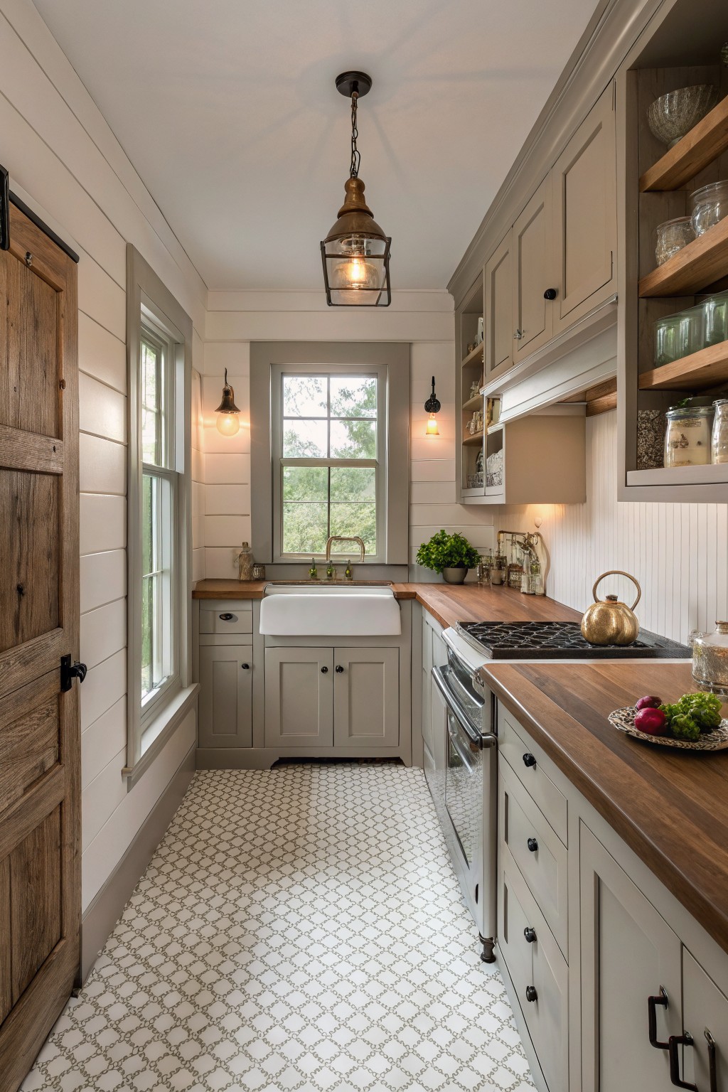 Small kitchen with light gray cabinets and white walls.