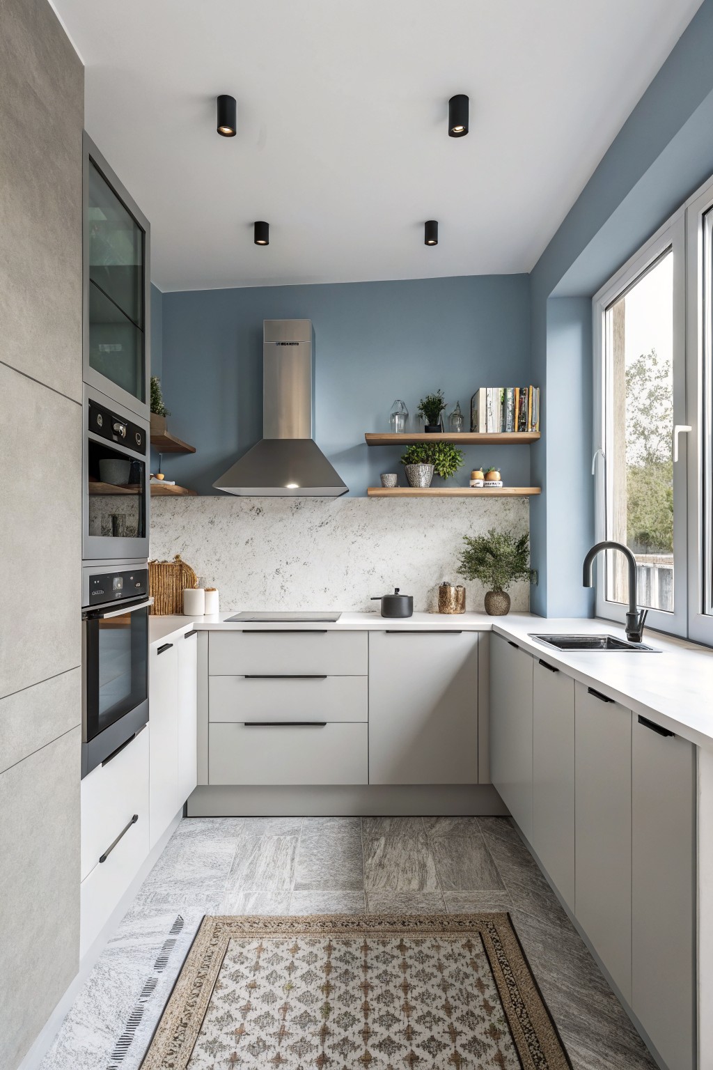 Muted blue gray walls in a small modern kitchen with white cabinets.