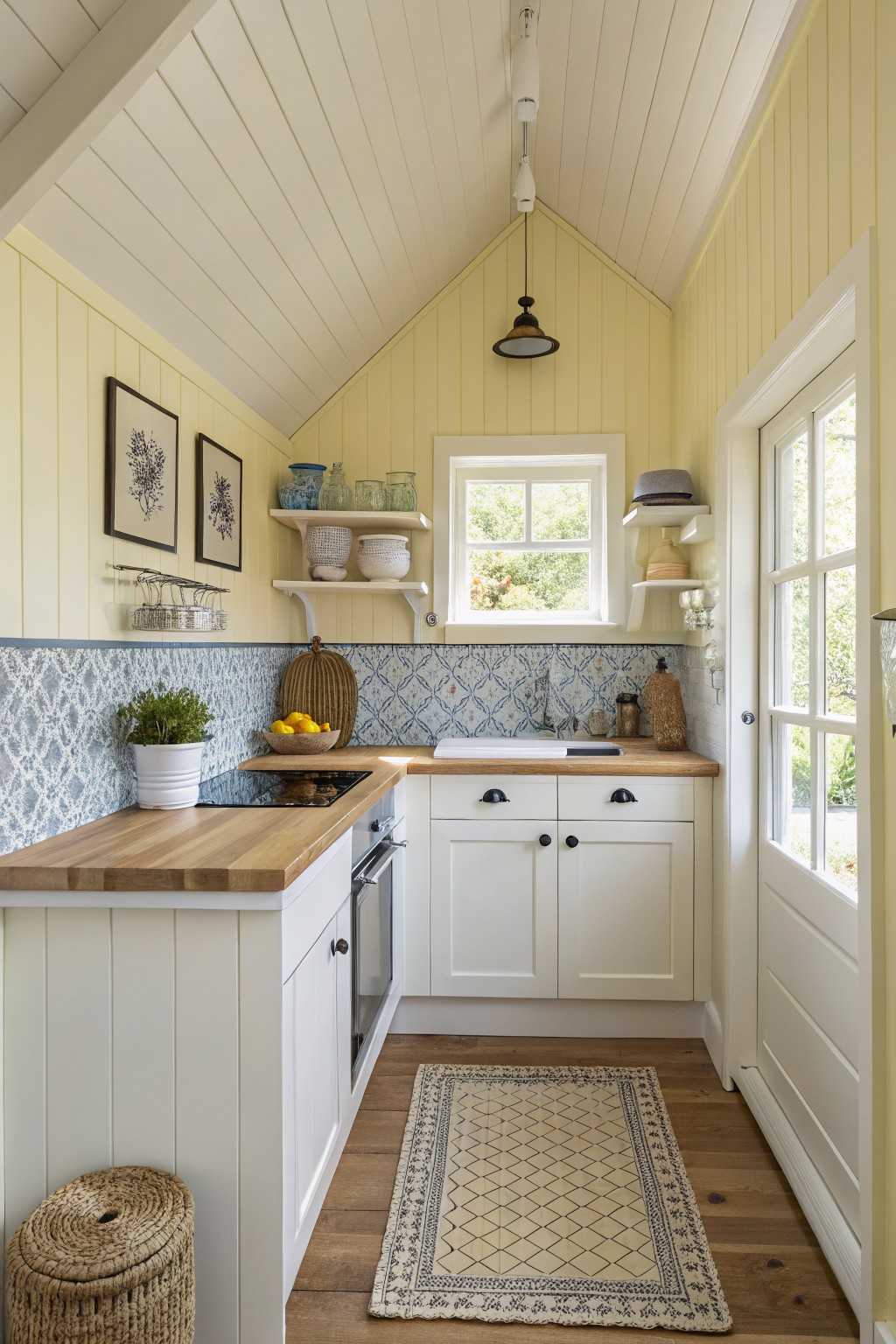 A small kitchen painted in a soft pale yellow with white cabinets and wood counters.