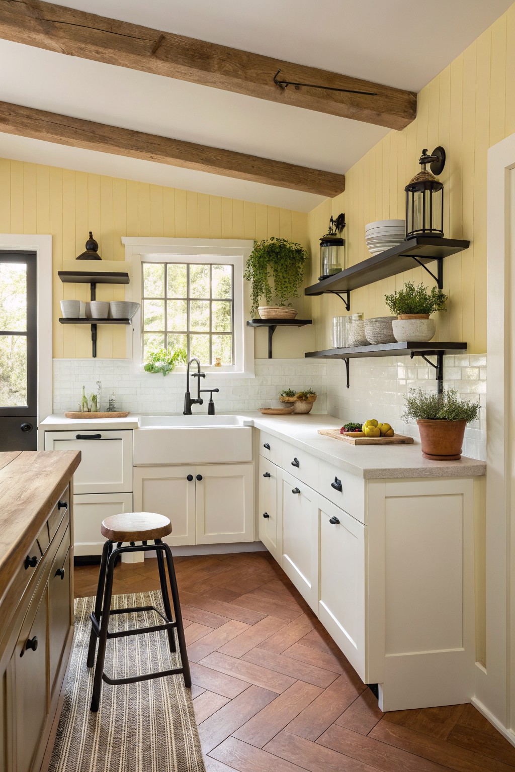 Pale yellow walls in a small kitchen with white cabinets and wood beams.