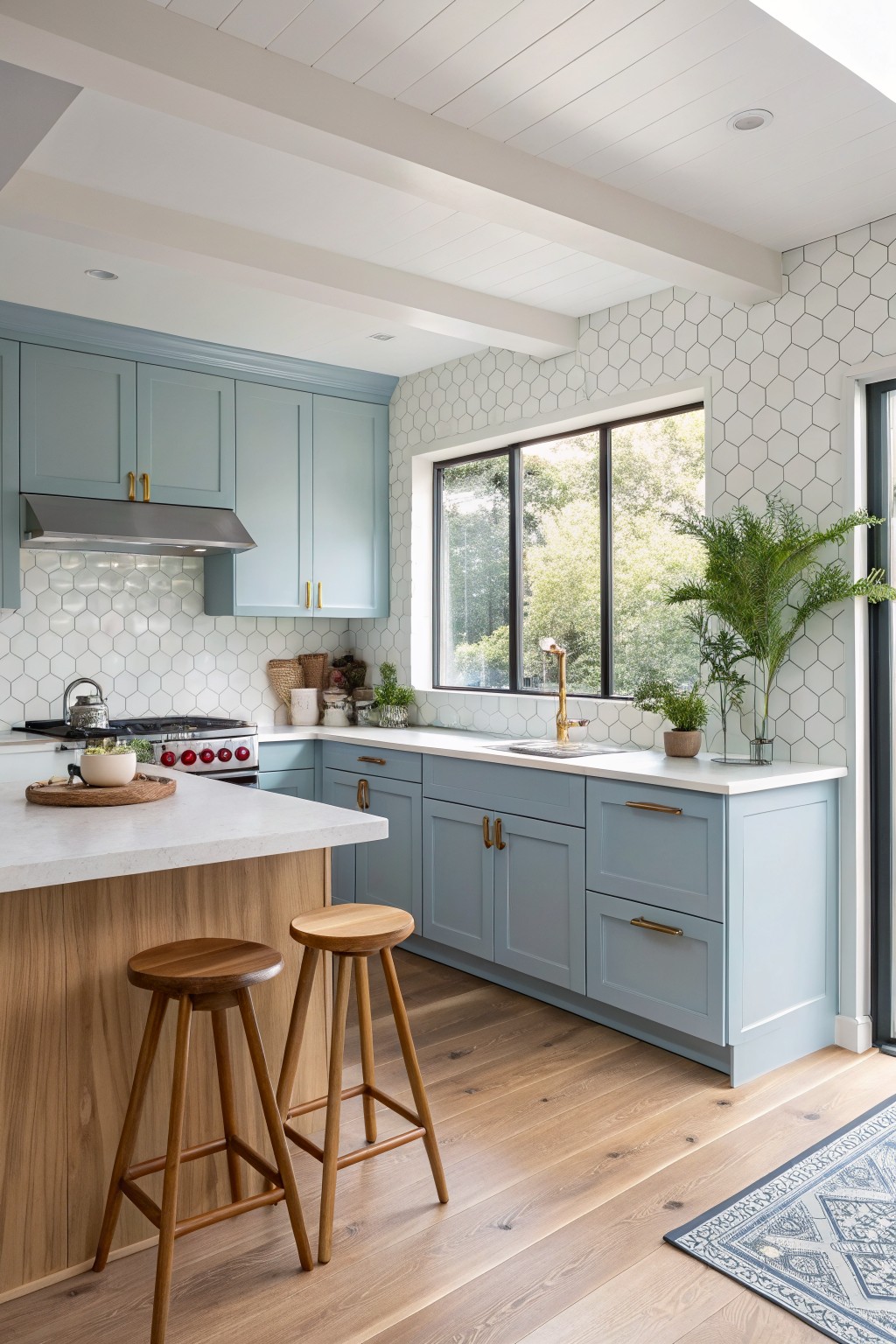 Light blue cabinet kitchen with white hex tiles, marble counters, and wooden island stools.