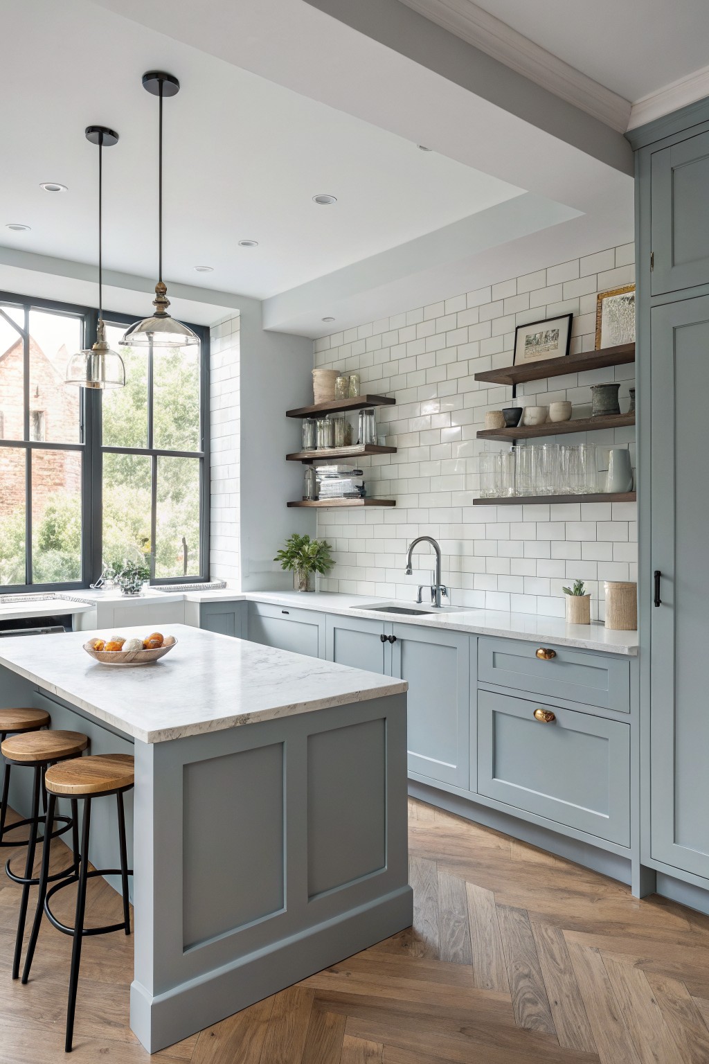 Soft blue gray cabinets in a kitchen with a white tile backsplash and marble island.