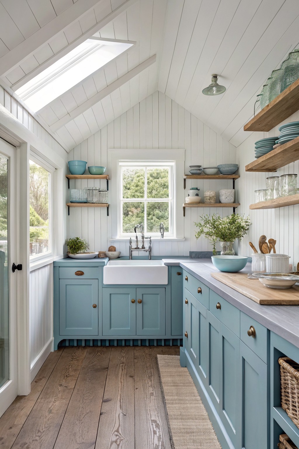 Light blue cabinets line a small white kitchen with wood floors and open shelving.