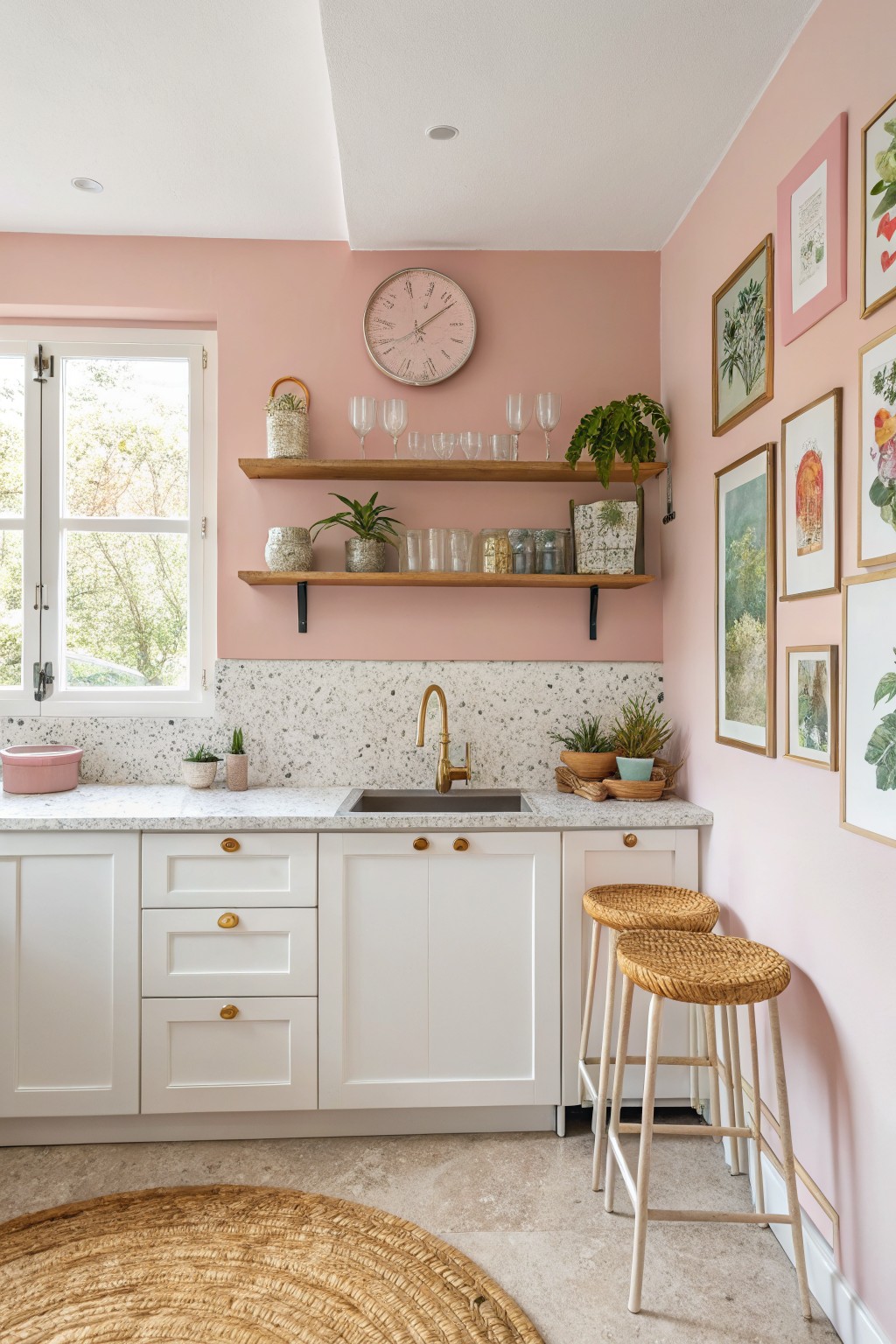 A small kitchen with soft pink walls and white cabinets.