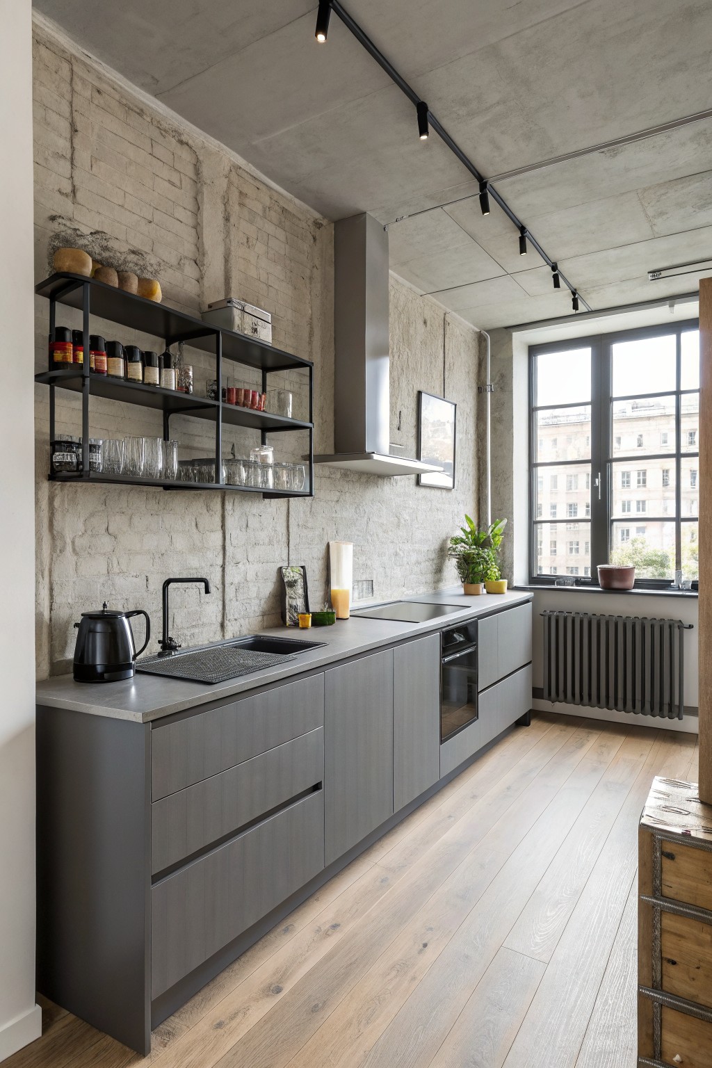 Gray kitchen cabinets run along a brick wall in a small modern kitchen.
