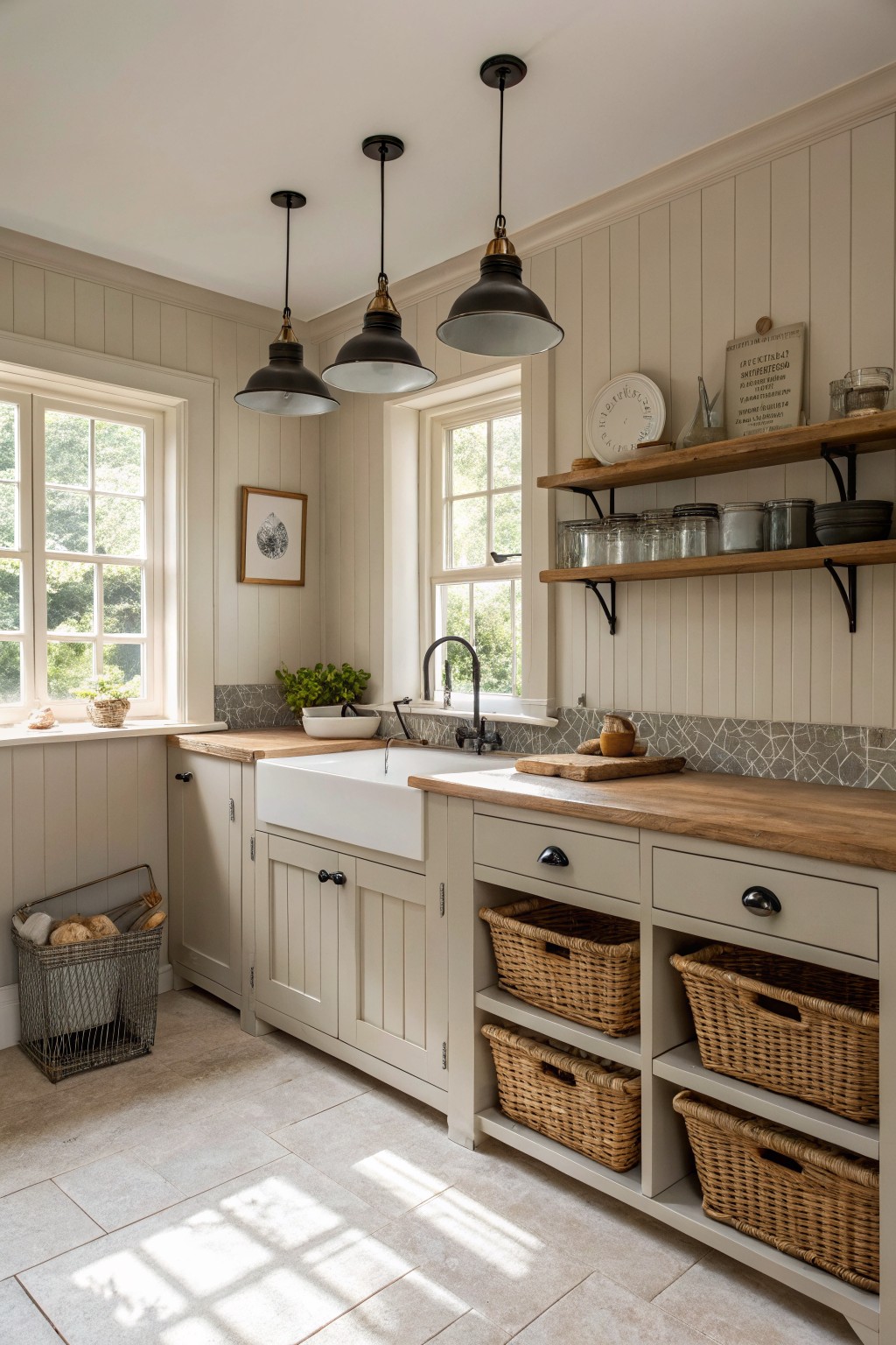 A small kitchen painted in soft greige on the walls and cabinets.