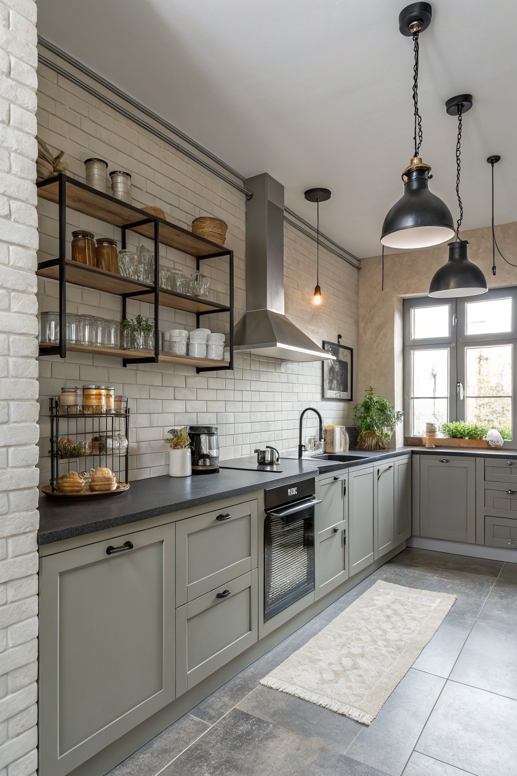 Kitchen cabinets painted in a soft muted sage green.