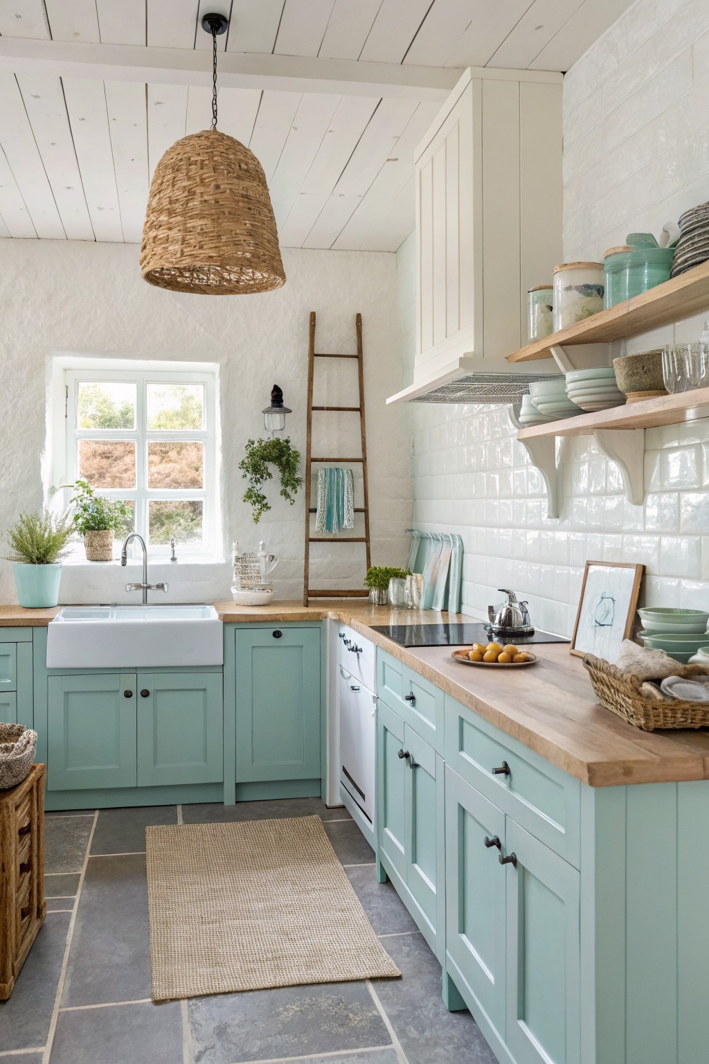 Spacious kitchen with mint green cabinets, white farmhouse sink, and woven pendant light
