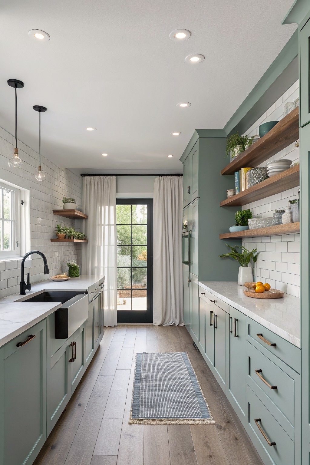 Sage green kitchen cabinets with white countertops and light wood floors.