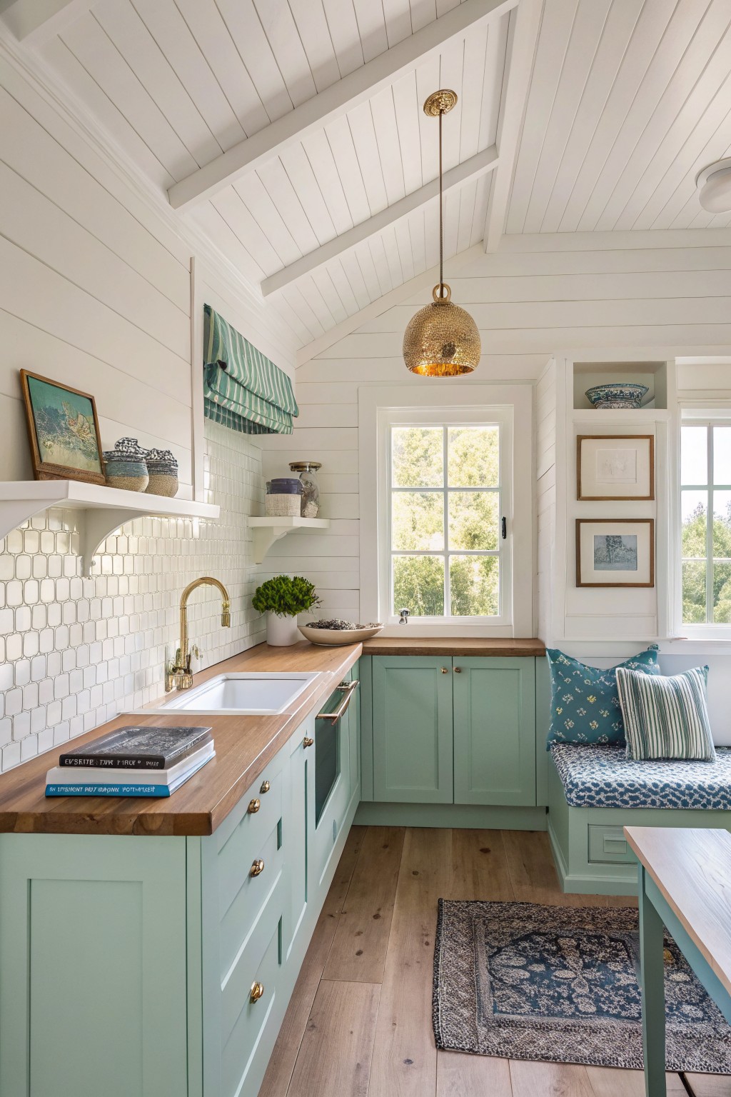 Soft sage green cabinets in a small white kitchen with wood counters.