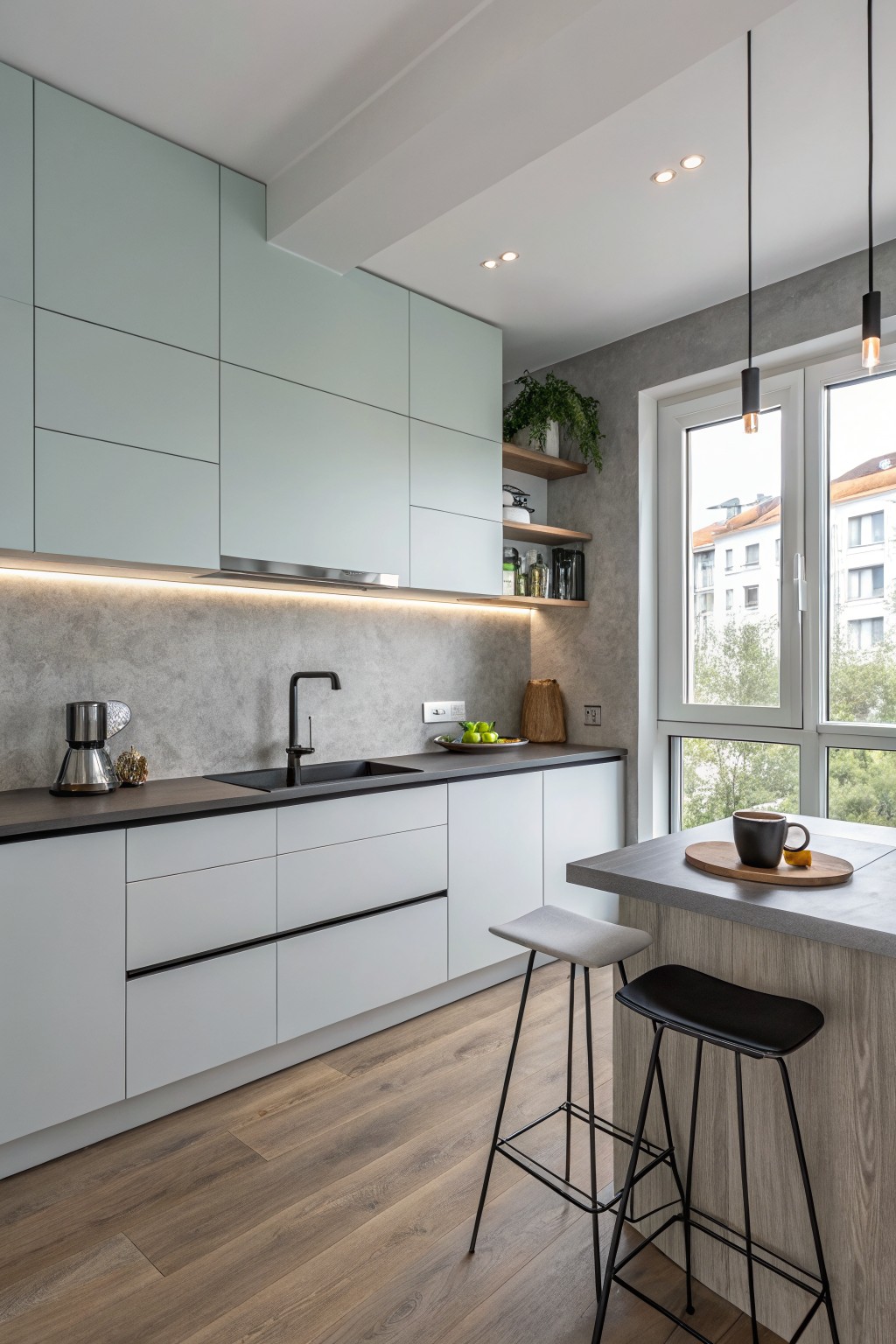 Modern kitchen with mint green cabinets, white drawers, dark counters, and bar stools