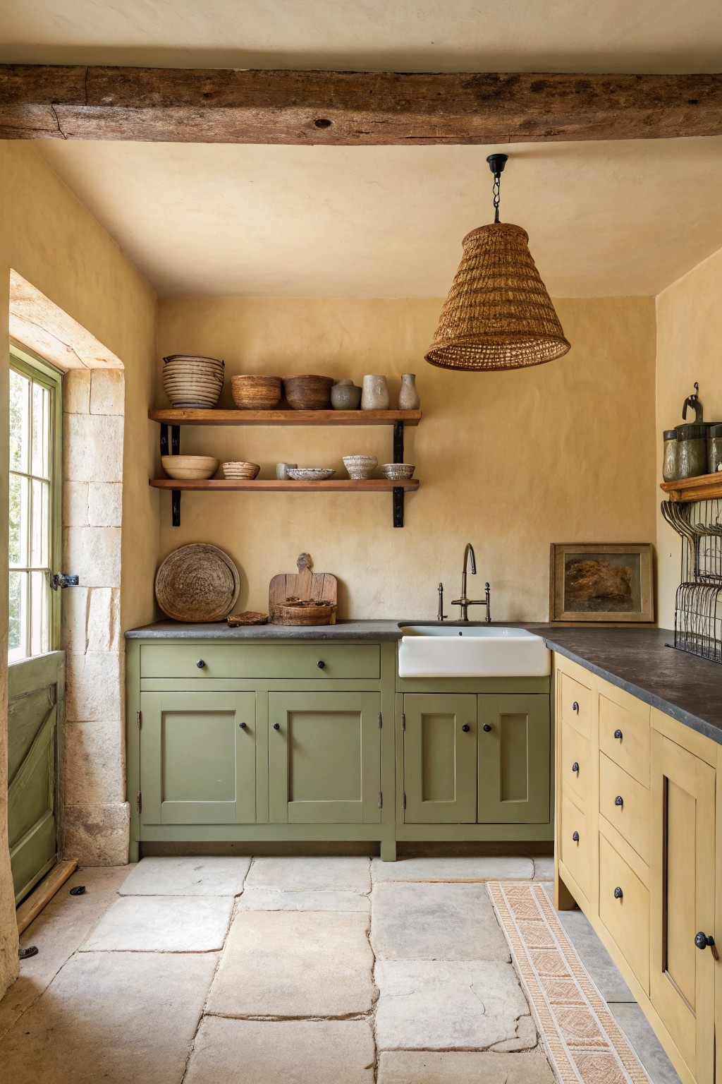 Sage green cabinets in a small kitchen with wood shelves and stone flooring.