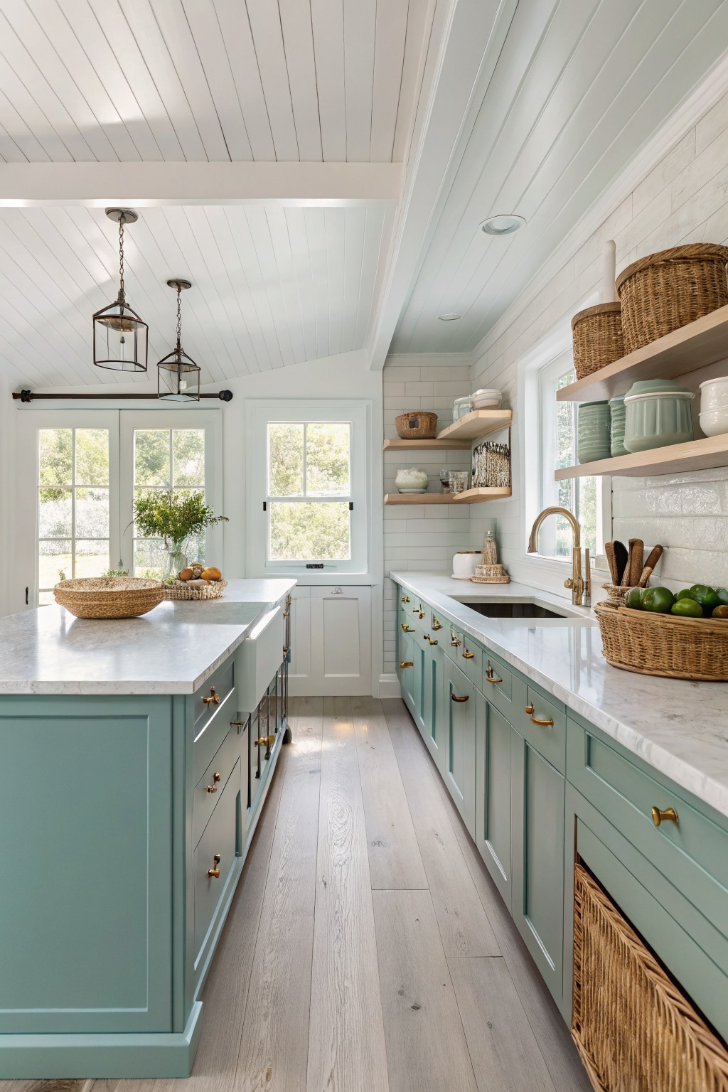 Sage green kitchen cabinets with white countertops and open shelving.
