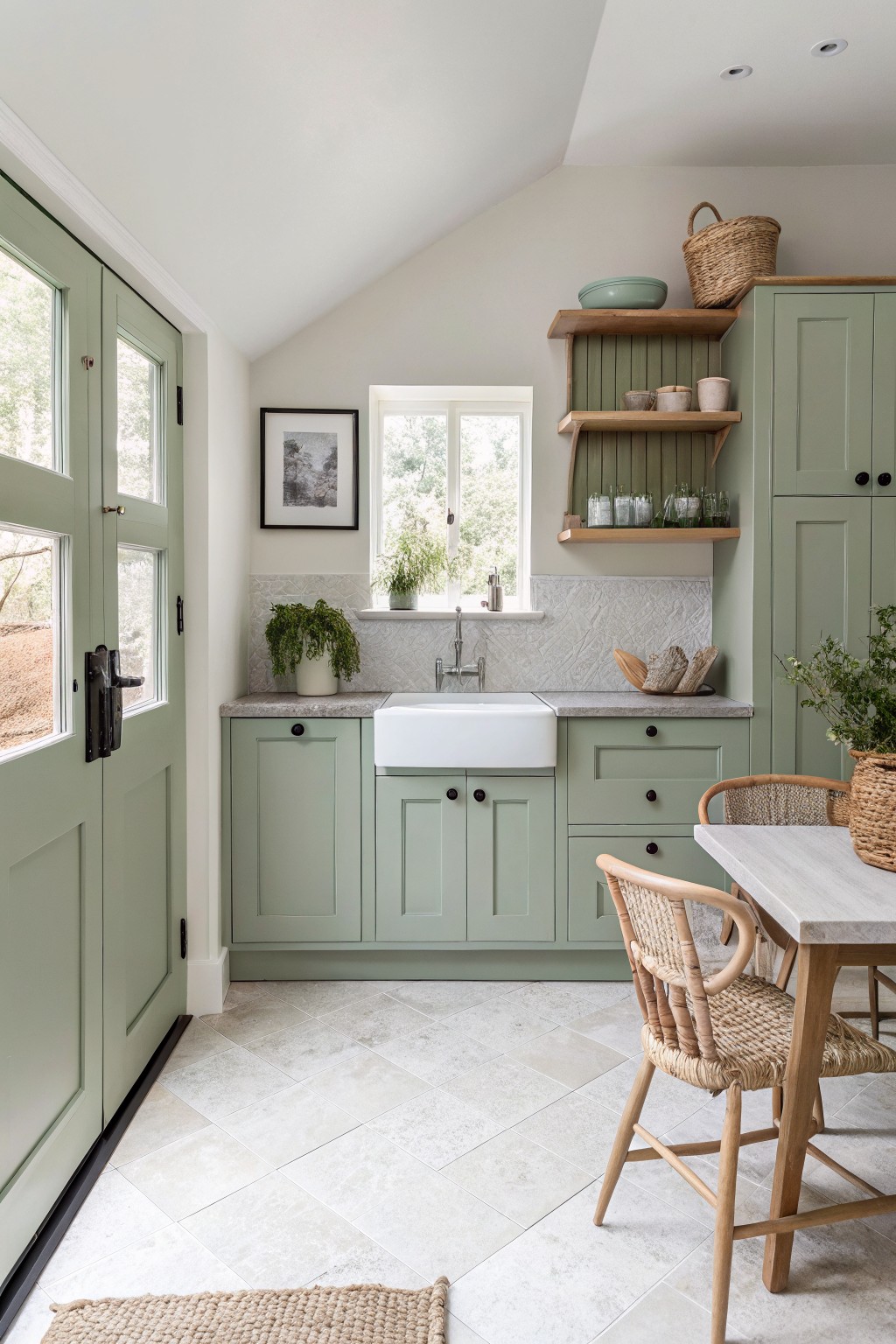 Sage green cabinets line a small kitchen with white tile and wood open shelves.
