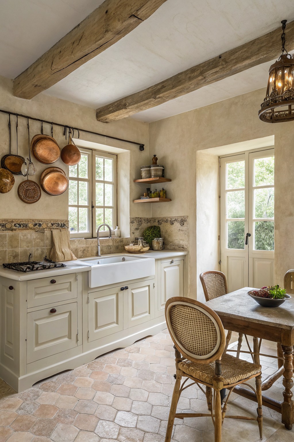 A small kitchen with warm beige walls and cream cabinets.