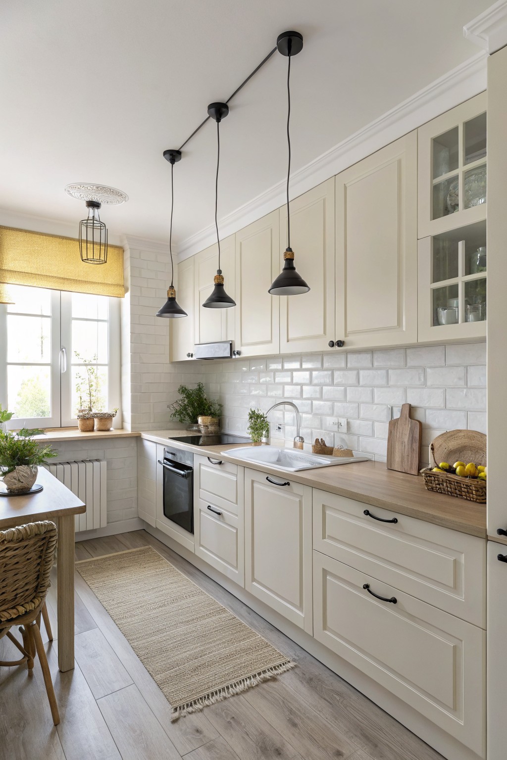 Creamy white kitchen cabinets in a small space with wood countertops.