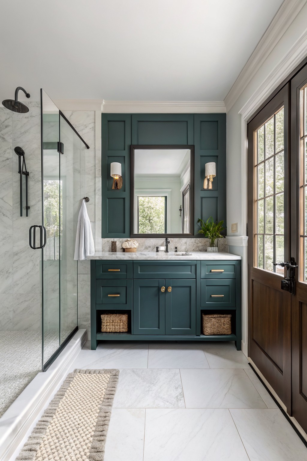 Dark green painted vanity and wall paneling in a bathroom with marble surfaces.