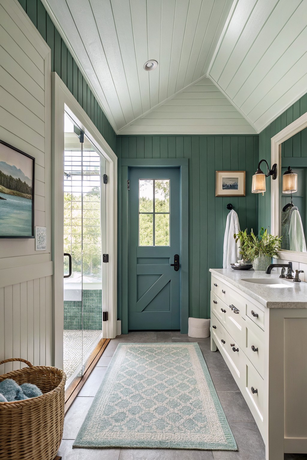 Dark green painted walls in a bathroom with white trim and cabinetry.