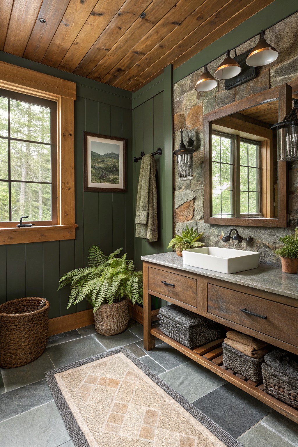 Dark green walls in a bathroom with wood trim and a stone accent wall.