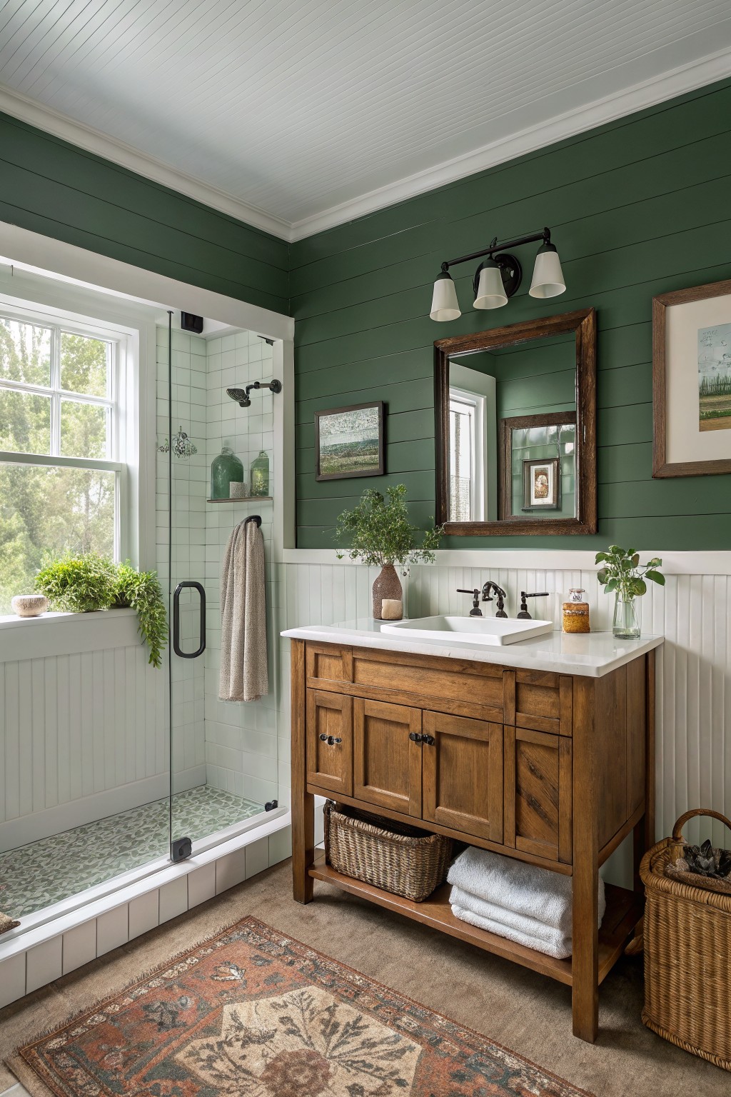 A bathroom with deep green walls above white wainscoting and a wood vanity.